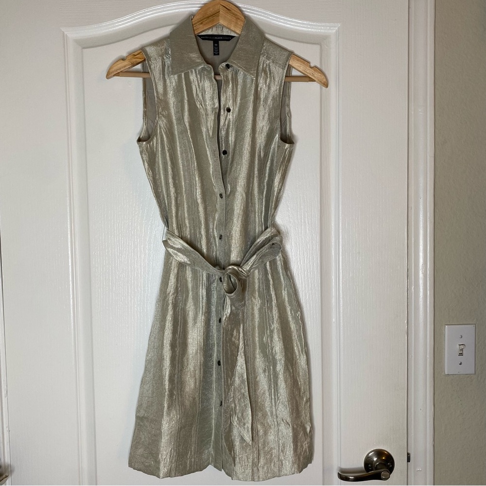 White House Black Market Dress Women's 12 Silver Shimmer Waist Tie Button Front